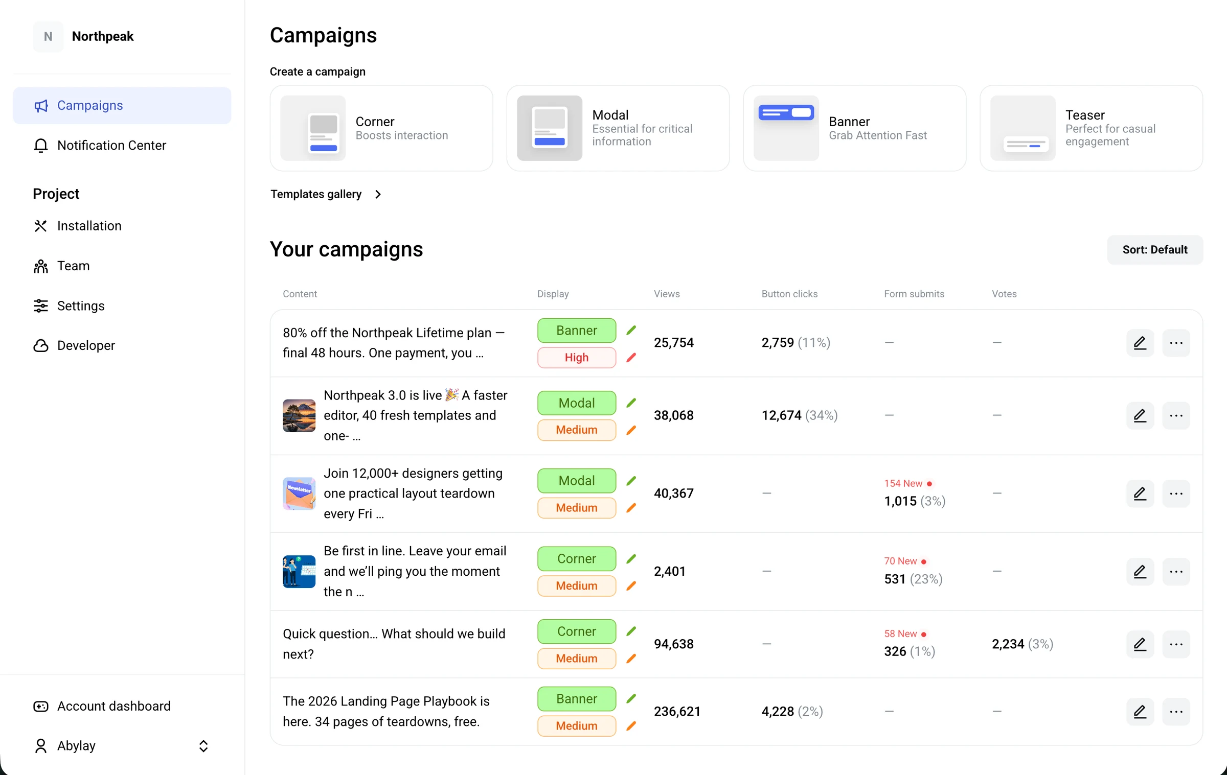 Taku campaign dashboard under your brand, showing campaign types and conversion results